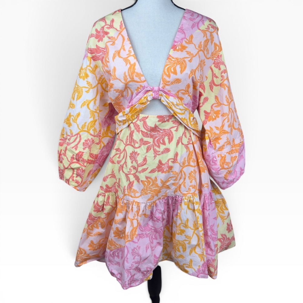 Derek Lam Collective Cutout Mini Dress IT48 US10 Floral Puff Sleeve Party Resort